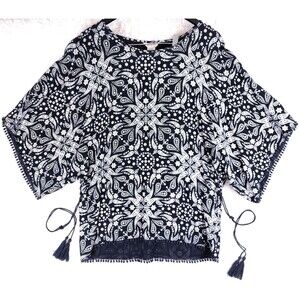 Ariat Dark Blue Western Bandana Print Tassle Batwing Blouse With Hidden Belt